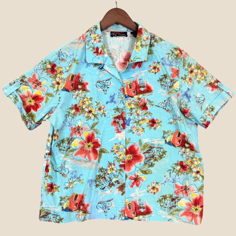 Oleg Cassini Button Down Women L Blue Tropical Floral Beach Linen Blend Hawaiian